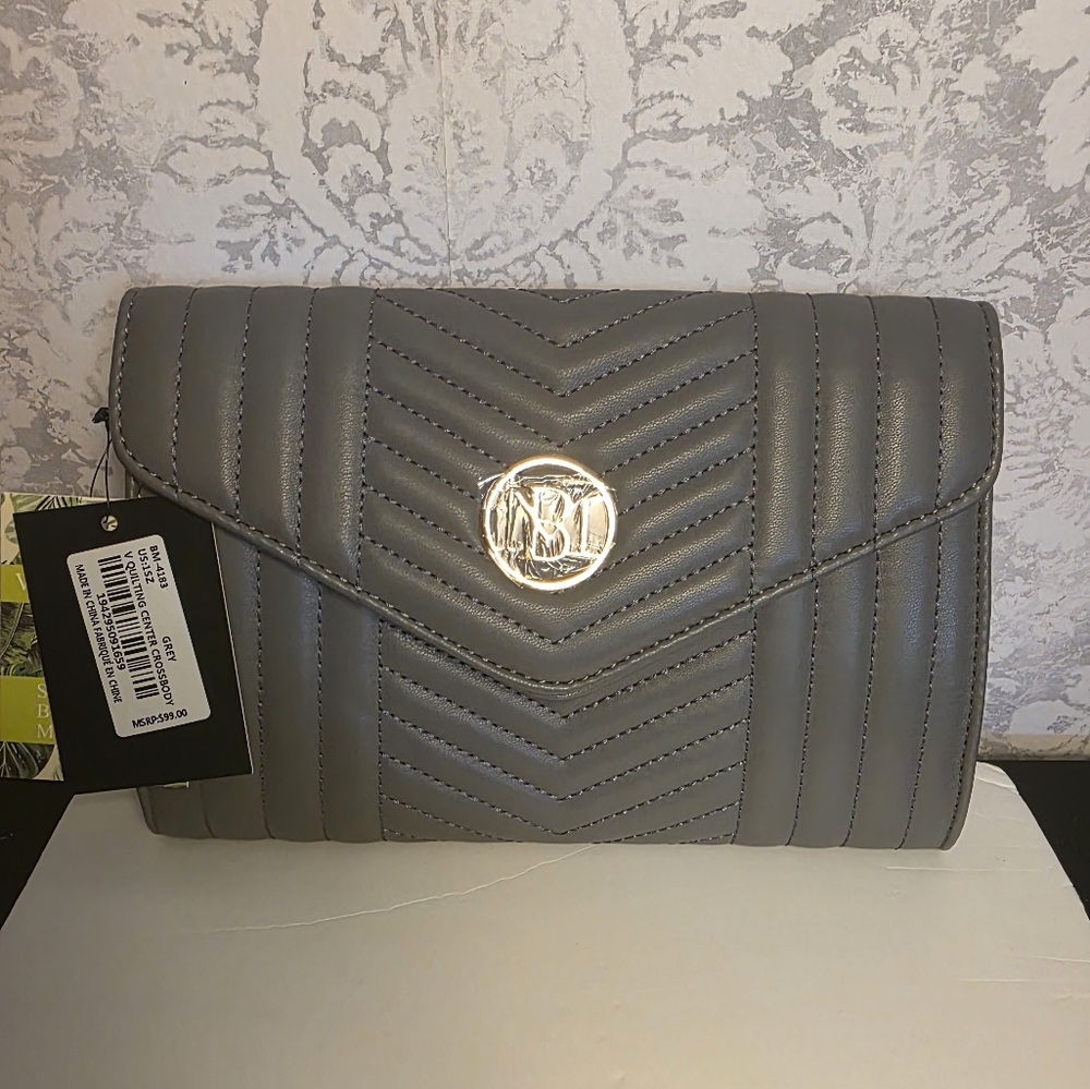 Badgley Mischka Gray Quilted Clutch with Gold Emblem